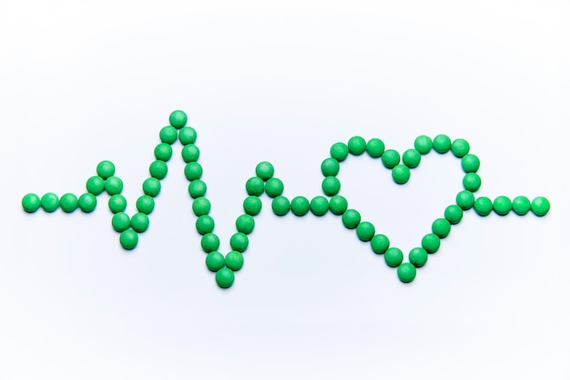 Cardiogramma con cuore da pillole verdi su sfondo bianco.