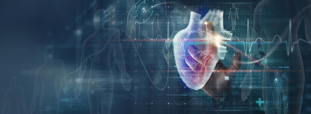 Cardiologo medico diagnosi paziente funzioni cardiache e vasi sanguigni sul cruscotto virtuale Medico