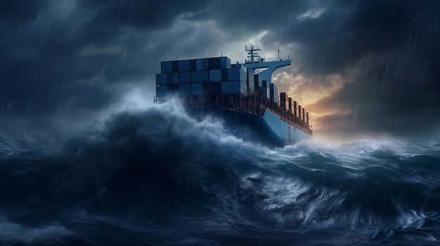 Cargo Container Business Ship in the Stormy Ocean Logistics Freight Shipping and Transportation (Nave commerciale per container di carico in un oceano tempestoso)