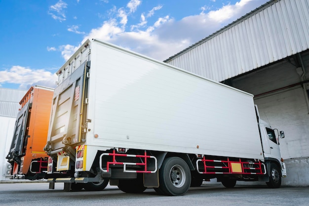 Cargo Container Trucks il parcheggio presso il magazzino di distribuzione Spedizione merci Logistica