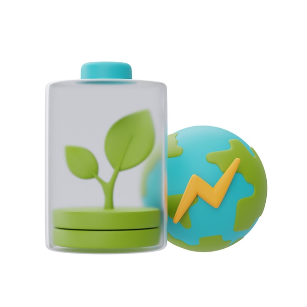 Carica della batteria con il globo mondialerisparmio energetico intelligenteFelice giornata della terraGiornata mondiale dell'ambienteRendering 3d ecologico