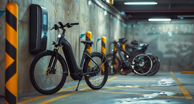 Carica di biciclette elettriche in un garage sotterraneo Concetto di mobilità urbana sostenibile