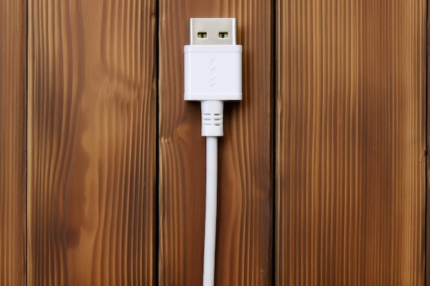 Caricabatterie bianco e cavo per dispositivo USB su sfondo in legno da vicino