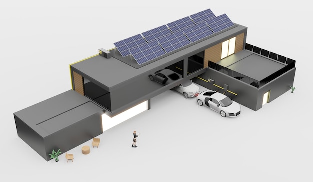 Caricabatterie elettrico per auto sul tetto della casa e pannelli solari smart home solare fotovoltaico 3d