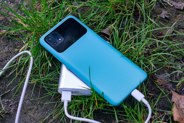 Caricabatterie portatili caricano uno smartphone in natura Power Bank in viaggio per caricare gadget