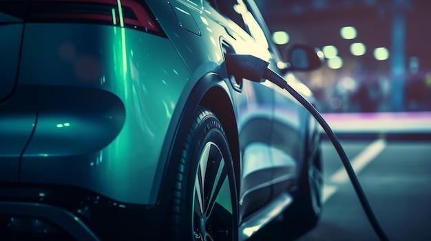 Caricare la batteria di un'auto elettrica moderna sulla strada che è il futuro dell'automobile Primo piano dell'alimentatore collegato a un'auto elettrica in carica per l'intelligenza artificiale ibrida