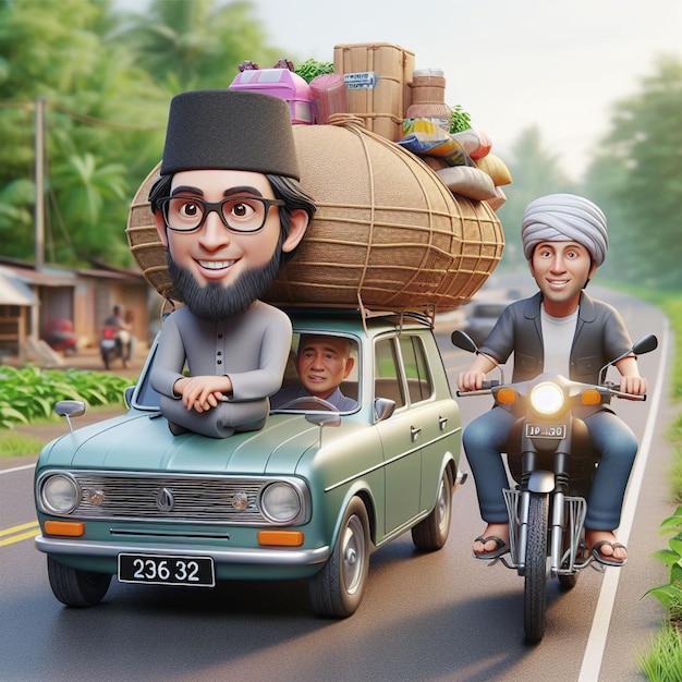 Caricatura 3D di un uomo che guida un'auto Kijang che trasporta merci
