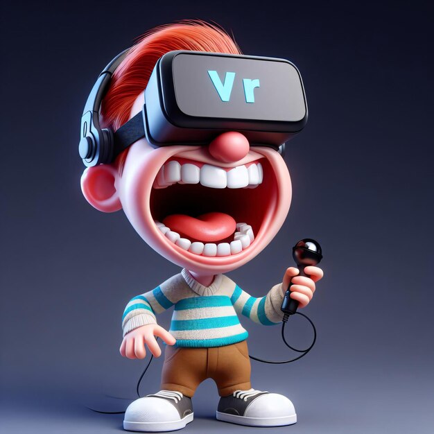 Caricatura animata 3D con caratteristiche esagerate scoppiano a ridere indossando occhiali VR 3D Moviesinspire