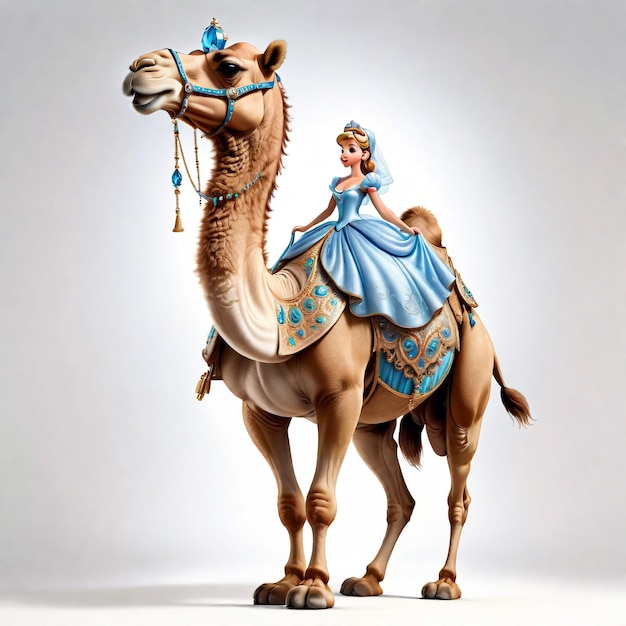 Caricatura antropomorfa di un cammello che indossa un abbigliamento da cenerentola