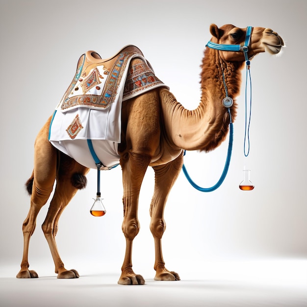 caricatura antropomorfa di un cammello che indossa un abito chimico con strumenti chimici