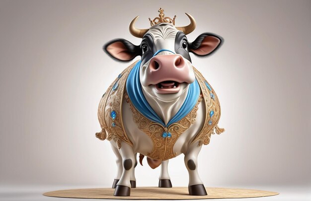 Caricatura antropomorfa di una mucca che indossa un abbigliamento da cenerentola