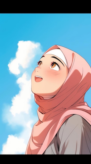 Caricatura di una donna musulmana che indossa un hijab che guarda il cielo Immagine generata dall'AI