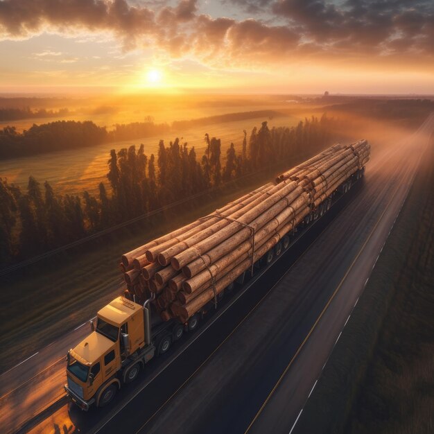 carico di trasporto di legno industriale lungo e pesante sulla strada vista dall'alto del tramonto aereo registrazione Generativo Ai