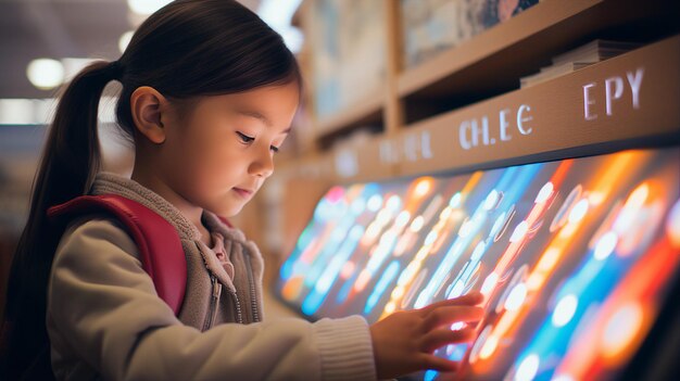 Carina bambina asiatica che gioca al gioco arcade nella biblioteca scolastica
