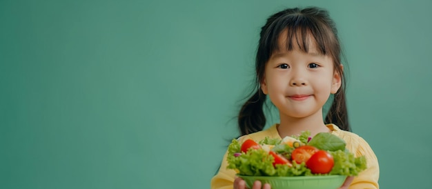 Carina bambina asiatica che mangia verdure sane