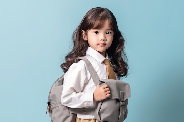 carina bambina asiatica in uniforme scolastica con zaino su sfondo blu