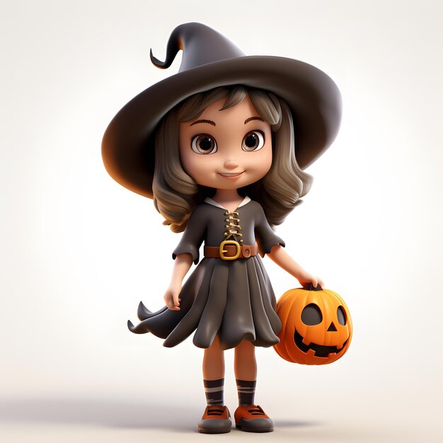 carina bambina caucasica che indossa un cappello da strega che tiene in mano un jack o lanterna zucca pronta per la festa di Halloween