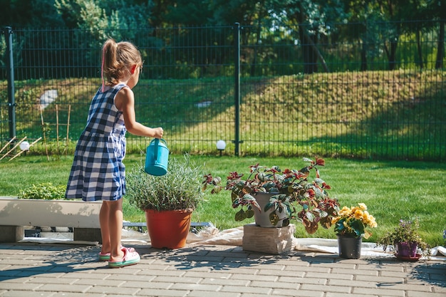 Carina bambina di 3-4 anni con un vestito scozzese blu che innaffia le piante da un annaffiatoio in giardino. I bambini si divertono all'aperto