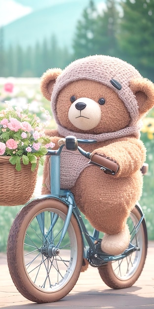 carina bicicletta panda con cesto di fiori IA generativa