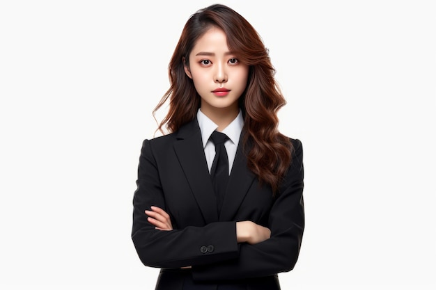 carina donna d'affari asiatica in abito nero e braccia incrociate