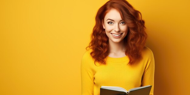 Carina donna dai capelli rossi su sfondo arancione Posto per il testo Foto di alta qualità AI generativa