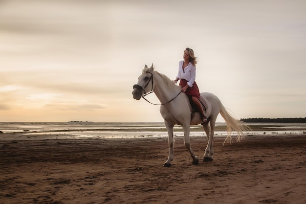 Carina giovane donna felice a cavallo in estate spiaggia via mare