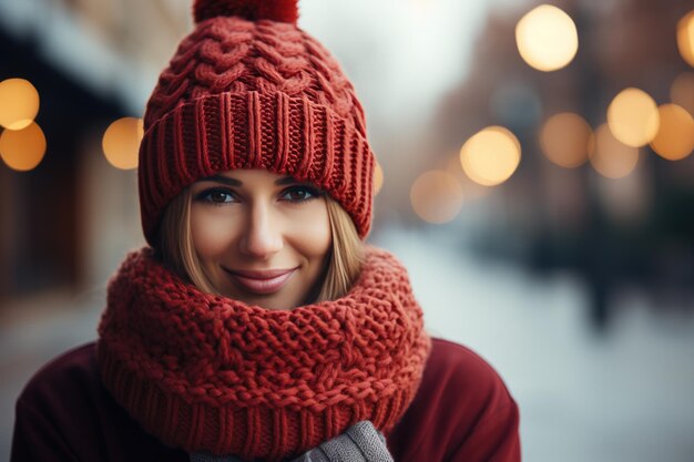 Carina giovane donna in abiti a maglia rossa su una strada invernale con luci