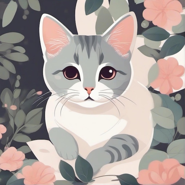 carina illustrazione kawaii di un gatto marrone e bianco in stile giapponese