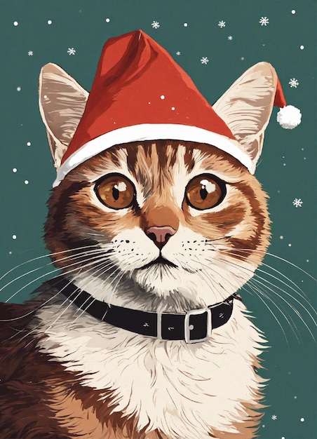 carina illustrazione minima di un gatto che indossa un biglietto di Natale con il cappello di Babbo Natale su sfondo bianco