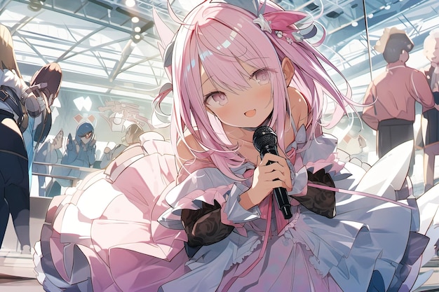 Carina ragazza anime dai capelli rosa in un bel vestito con un microfono che canta in pubblico Generato ai
