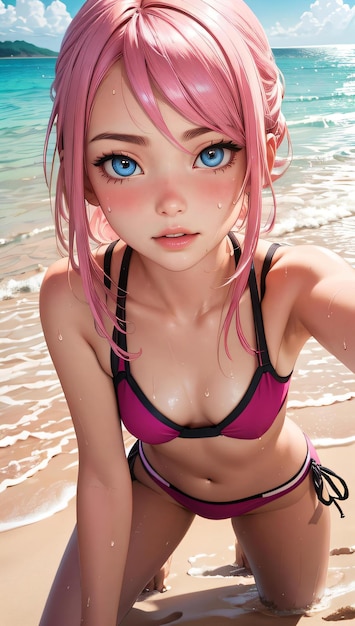 carina ragazza anime sexy indossare bikini sulla spiaggia