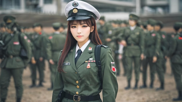 Carina ragazza asiatica in tuta militare sullo sfondo