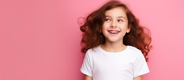 Carina ragazza caucasica in una camicia bianca su sfondo giallo guardando gli annunci