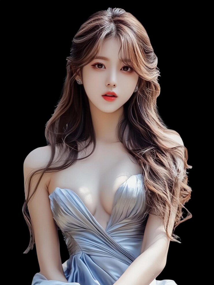 Carina ragazza coreana che indossa un vestito d'argento con i capelli lunghi e ondulati e le labbra rosse.