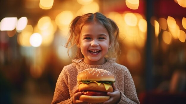 Carina ragazza felice di 7 anni con uno sfondo di caffè sfocato di hamburger