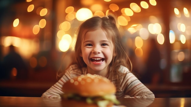 Carina ragazza felice di 7 anni con uno sfondo di caffè sfocato di hamburger