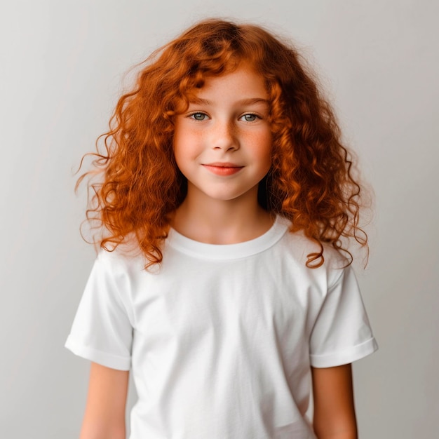 Carina ragazzina dai capelli ricci con le lentiggini sul viso in un modello di maglietta assolutamente bianca