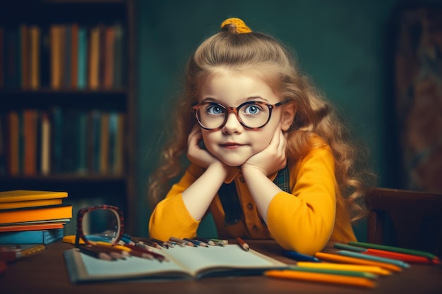 Carina ragazzina europea con una matita colorata alla scrivania concetto di istruzione scolastica IA generativa