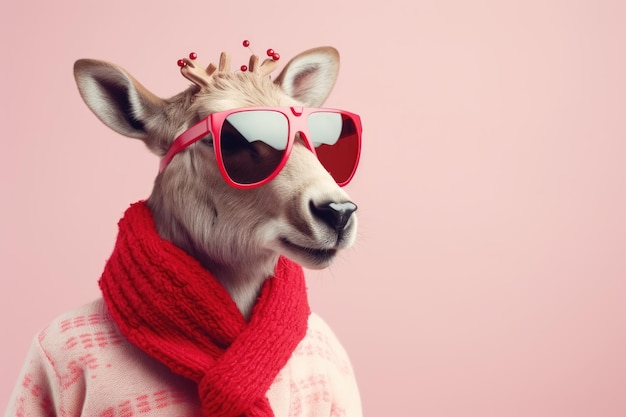 Carina renna di Natale con occhiali da sole rossi con sciarpa rossa su sfondo rosa con spazio di copia