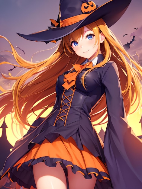 Carina strega sulla notte di halloween arte anime per carta da parati mobile