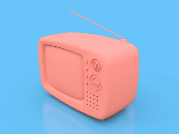 Carina vecchia tv rosa con antenna su sfondo blu. illustrazione 3D.