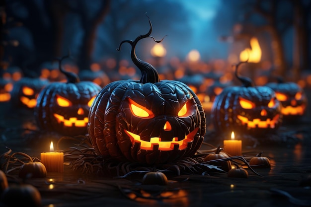 Carine zucche di Halloween 3D con sfondo luminoso in stile neon