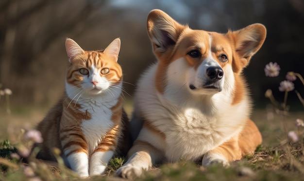 Carini amici soffici un cane corgi e un gatto tabby seduti insieme in un soleggiato prato primaverile AI generativa