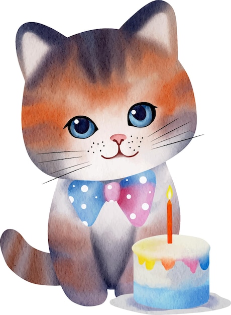 Carino acquerello 3 colori gatto con torta di compleanno