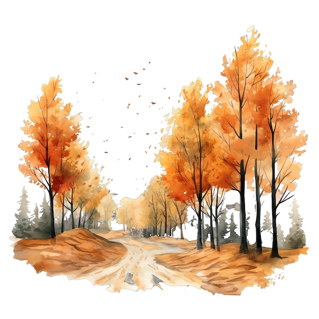 Carino acquerello arancione rosso autunno alberi illustrazione paesaggio