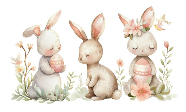 Carino acquerello di Pasqua coniglio carino con uova e fiori di bellezza pastello isolati su un fondo trasparente