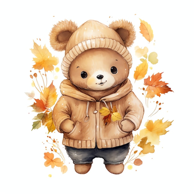 Carino acquerello orsacchiotto in autunno autunno illustrazione orsacchiotti clipart