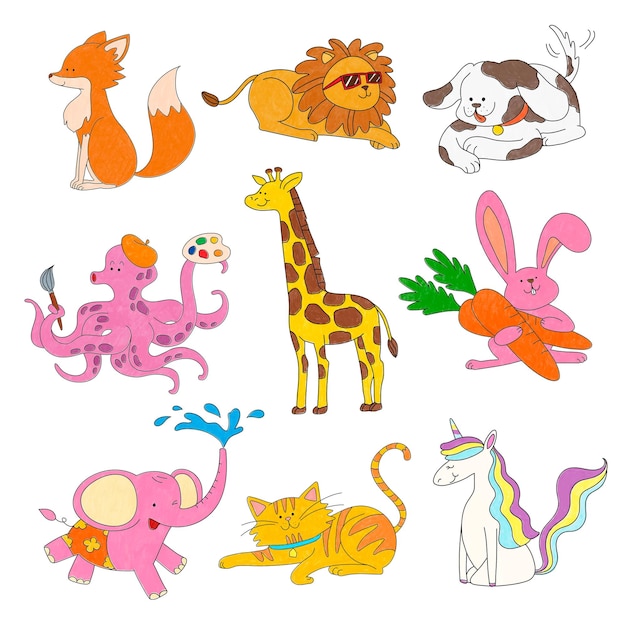 Carino adesivo per animali png trasparente colorato clipart per bambini set
