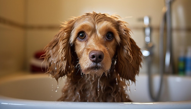 Carino adorabile cagnolino bagnato nella vasca da bagno cane pulito con divertente schiuma di sapone sulla testa Gli animali domestici devono essere al chiuso