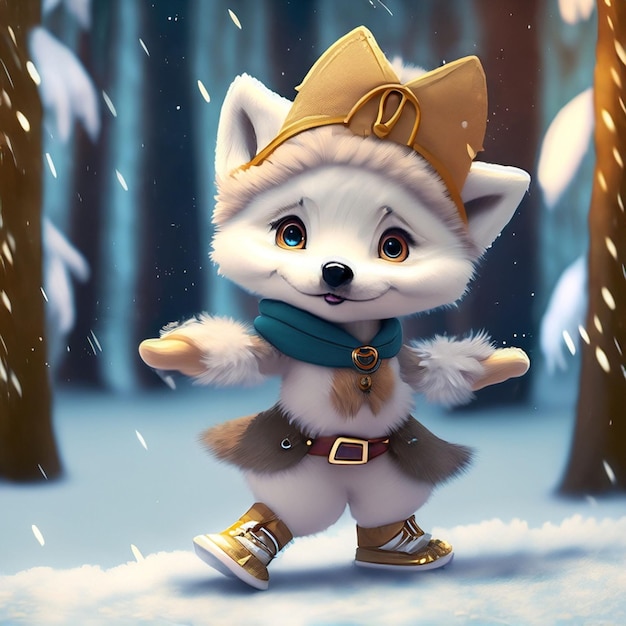 carino adorabile due cuccioli di volpe che ballano nella neve nella foresta resi nello stile dell'animazione